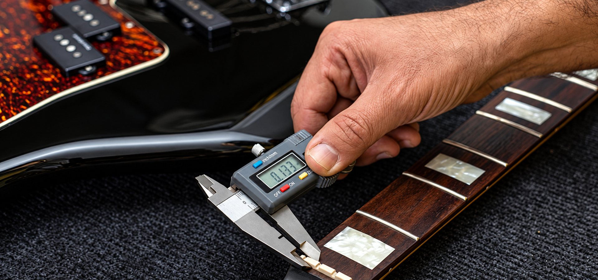 Luthier midiendo la cejuela de un bajo con un calibre