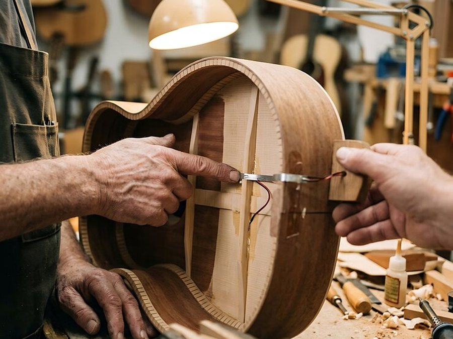 Luthiers trabajando en el armado de una guitarra acústica